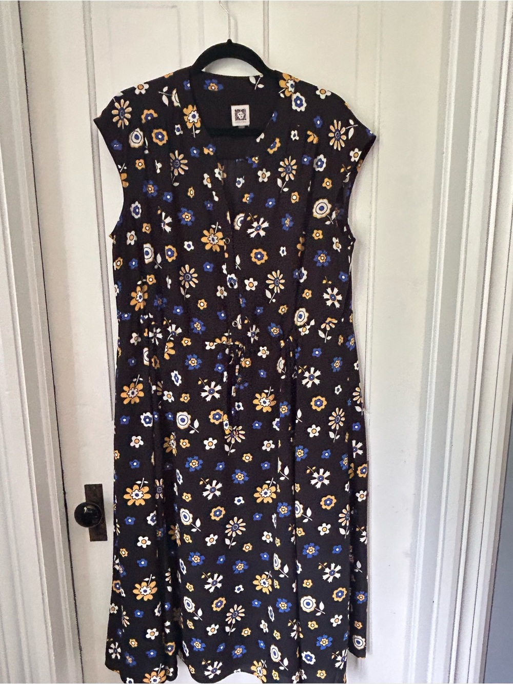Anne Klein Black Midi Dress with Blue and Yellow Floral Print